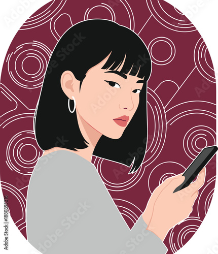 Stylized illustration of person with black hair and hoop earrings holding smartphone, set against maroon geometric background, symbolizing modern tech lifestyle and communication.