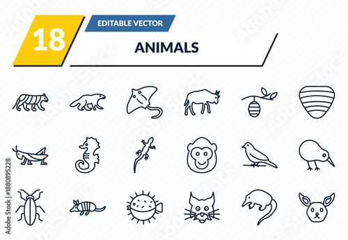 animals icons set - siberian tiger, wolverine, stingray, desman, jerboa outline vector collection.