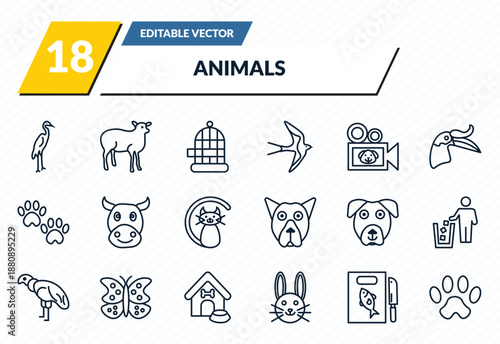 animals icons set - heron, lamb side view, cage, fish and knife, paw outline vector collection.