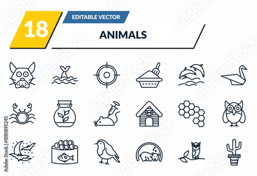 animals icons set - japanese cat head, whale zone, hunt, wise, boho outline vector collection.