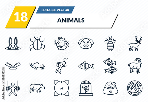 animals icons set - bunny, app bug, blowfish, pet food, no dogs outline vector collection.