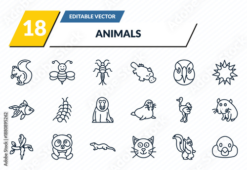 animals icons set - squirrel, bee, silverfish, skunk, snigir outline vector collection.