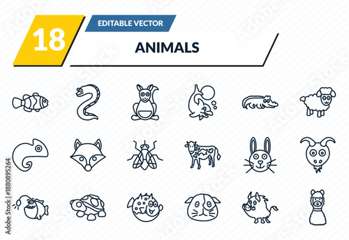 animals icons set - clown fish, moray, kangaroo, boar, lama outline vector collection.