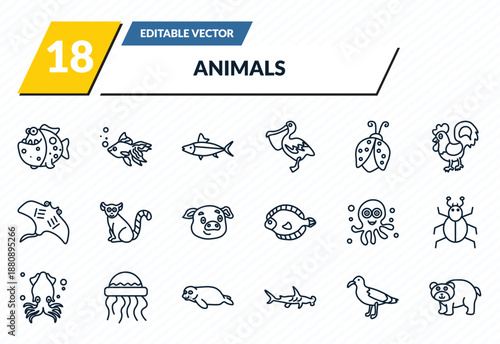 animals icons set - piranha, gold fish, salmon, albotros, bear outline vector collection.