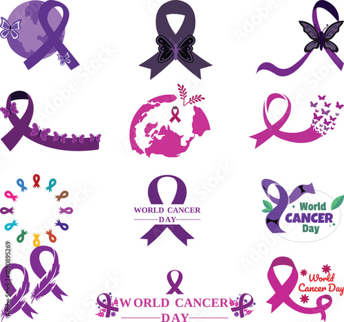 Cancer Awareness Ribbon icon set. World Cancer Day Symbols. Oncology emblem, charity sign, cancer prevention awareness, hope, medical campaign.