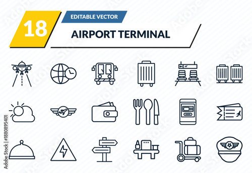 airport terminal icons set - landing runway, time zones, airport bus, trolley with luggage, pilot hat outline vector collection.