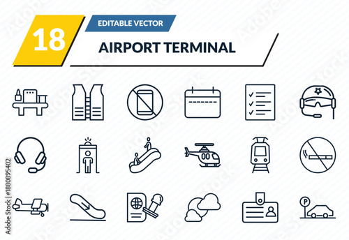 airport terminal icons set - luggage security, lifesaver best, forbbiden phone, identification badge, parking square outline vector collection.