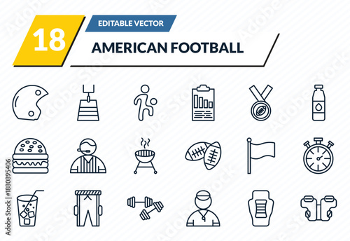 american football icons set - helmet, american football field, kicking the ball, back protection, padded shirt outline vector collection.