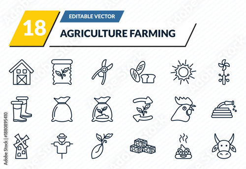 agriculture farming icons set - shed, seed bag, shears, poo, ox outline vector collection.