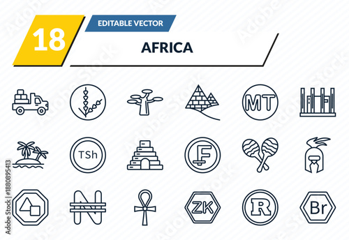 africa icons set - pickup truck, rwandan franc, marula, south african rand, ethiopian birr outline vector collection.