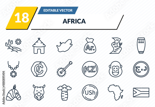 africa icons set - desert, hut, south africa, africa, african outline vector collection.