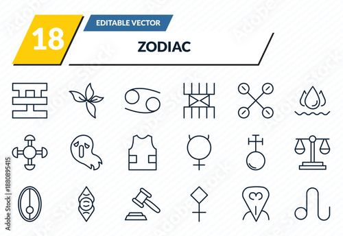 zodiac icons set - standard of quality, beauty, cancer, devotion, leo outline vector collection.