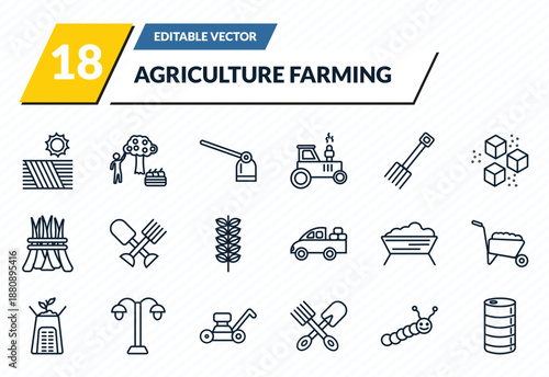 agriculture farming icons set - farm field, self-sufficient, hoe, caterpillar, barrell outline vector collection.