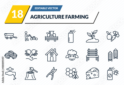 agriculture farming icons set - farm trailer, lawnmower, combine harvester, cheese, insecticide outline vector collection.