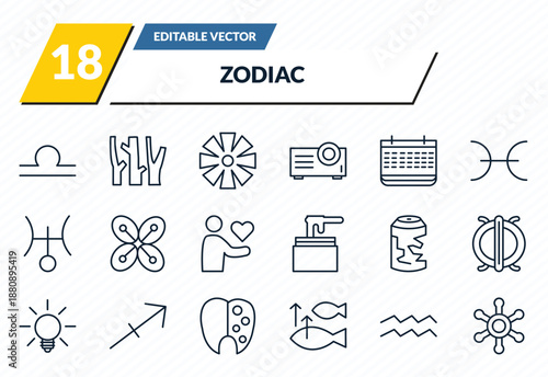 zodiac icons set - libra, wood, craftiness, aquarius, gods protection outline vector collection.