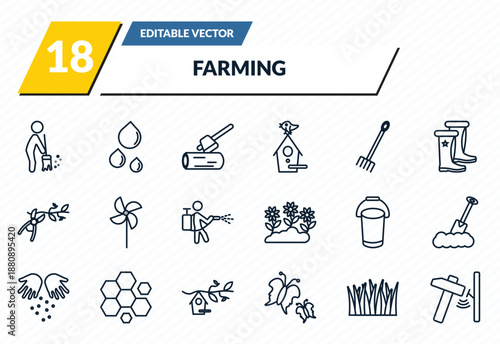 farming icons set - brooming, water drops, wood cutting, lawn, hammering outline vector collection.