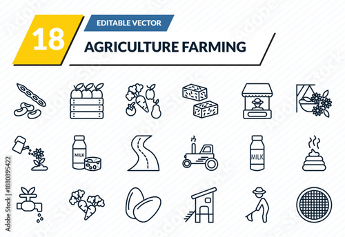 agriculture farming icons set - legume, harvest, vegetables, farmer hoeing, riddle tool outline vector collection.