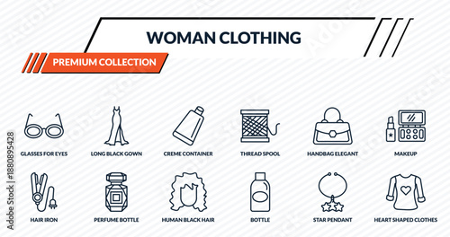 woman clothing icons set - glasses for eyes, long black gown, creme container black, perfume bottle, heart shaped clothes outline vector collection.