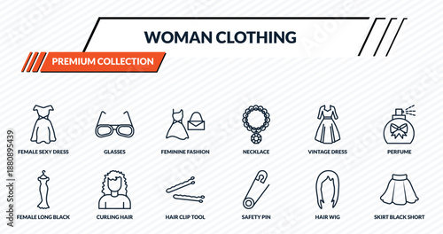woman clothing icons set - female sexy dress, glasses, feminine fashion, curling hair, skirt black short outline vector collection.