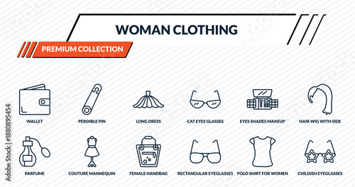 woman clothing icons set - wallet, perdible pin, long dress, couture mannequin, childish eyeglasses outline vector collection.
