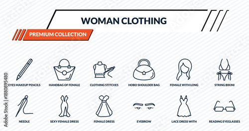 woman clothing icons set - eyes makeup pencils, handbag of female, clothing stitches, sexy female dress, reading eyeglasses outline vector collection.
