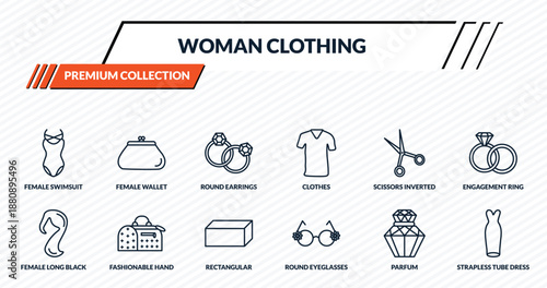 woman clothing icons set - female swimsuit, female wallet, round earrings, fashionable hand bag, strapless tube dress outline vector collection.