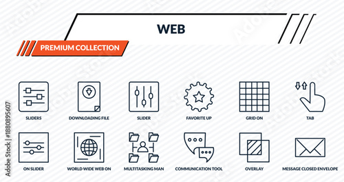 web icons set - sliders, downloading file, slider, world wide web on grid, message closed envelope outline vector collection.