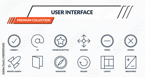user interface icons set - correct, at, favorites button, , brightness outline vector collection.