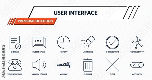 user interface icons set - checked, bubble speech, history, medium volume, activated outline vector collection.