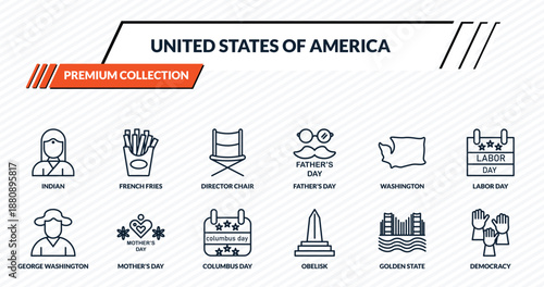 united states of america icons set - indian, french fries, director chair, mother's day, democracy outline vector collection.