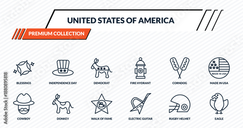 united states of america icons set - blessings, independence day, democrat, donkey, eagle outline vector collection.
