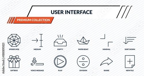 user interface icons set - spider web, medium, empty, voice message, new file outline vector collection.