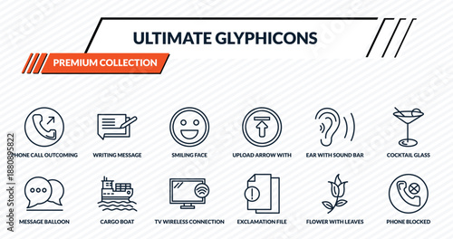 ultimate glyphicons icons set - phone call outcoming, writing message, smiling face, cargo boat, phone blocked outline vector collection.