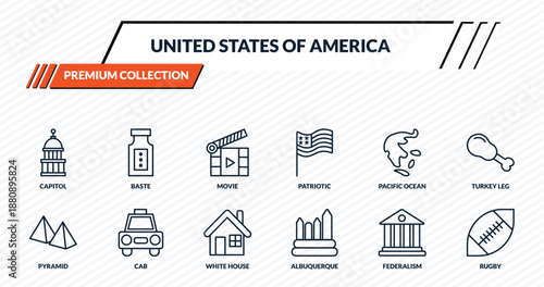 Fotografie united states of america icons set - capitol, baste, movie, cab, rugby outline vector collection