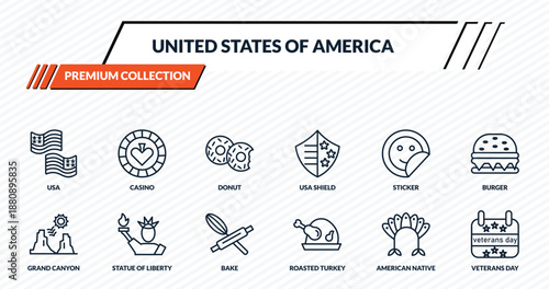 united states of america icons set - usa, casino, donut, statue of liberty, veterans day outline vector collection.