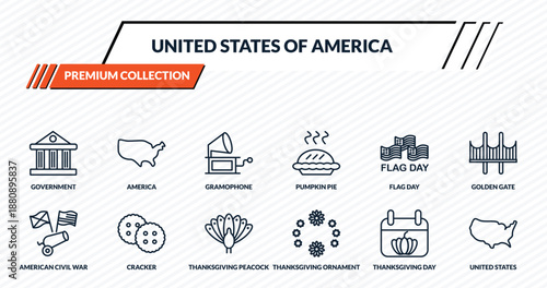 united states of america icons set - government, america, gramophone, cracker, united states outline vector collection.