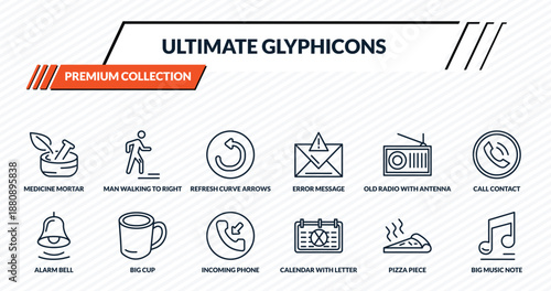 ultimate glyphicons icons set - medicine mortar, man walking to right, refresh curve arrows, big cup, big music note outline vector collection.