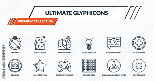 ultimate glyphicons icons set - timer off, three cards, map locator, half star full, dot crossed outline vector collection.