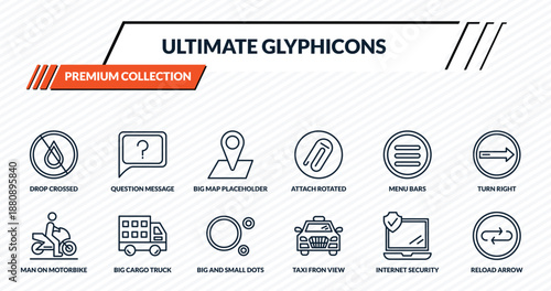 ultimate glyphicons icons set - drop crossed, question message, big map placeholder, big cargo truck, reload arrow outline vector collection.