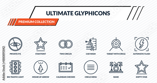 ultimate glyphicons icons set - private eye, star point, two circles, mouse up arrow, empty star outline vector collection.