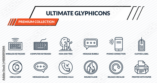 ultimate glyphicons icons set - wireless keyboard, computer keyboard, man and tree, message ballon, printer with paper outline vector collection.