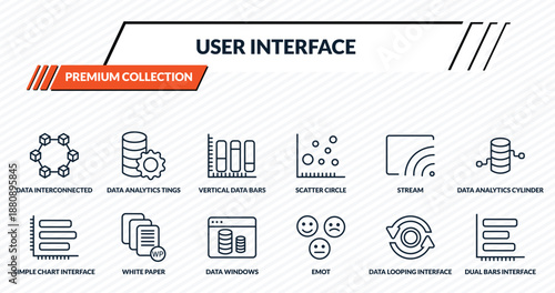 user interface icons set - data interconnected, data analytics tings, vertical data bars, white paper, dual bars interface outline vector collection.