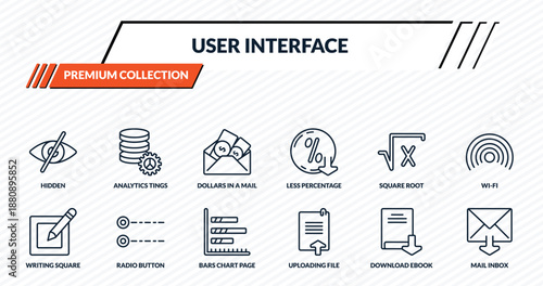 user interface icons set - hidden, analytics tings, dollars in a mail, radio button, mail inbox outline vector collection.