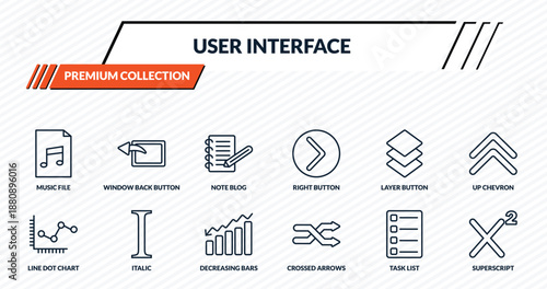 user interface icons set - music file, window back button, note blog, italic, superscript outline vector collection.