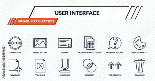 user interface icons set - opposition, insert picture, postal, video file, trash bin outline vector collection.