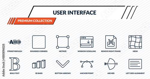 user interface icons set - strikethrough, rounded corners square, metrize, 3d bars, left side alignment outline vector collection.