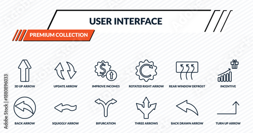 user interface icons set - 3d up arrow, update arrow, improve incomes, squiggly arrow, turn up outline vector collection.