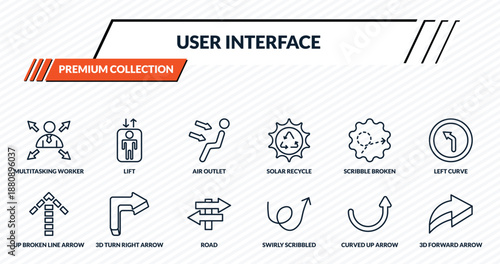 user interface icons set - multitasking worker, lift, air outlet, 3d turn right arrow, 3d forward arrow outline vector collection.