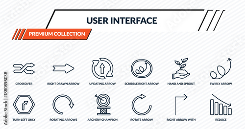 user interface icons set - crossover, right drawn arrow, updating arrow, rotating arrows, reduce outline vector collection.