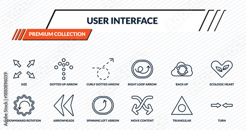 user interface icons set - size, dotted up arrow, curly dotted arrow, arrowheads, turn outline vector collection.